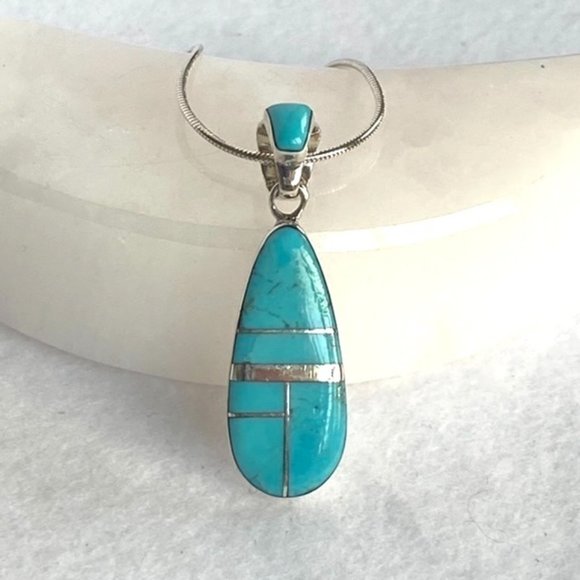 Sterling Silver Inlay Turquoise Teardrop Pendant n - Picture 2 of 14